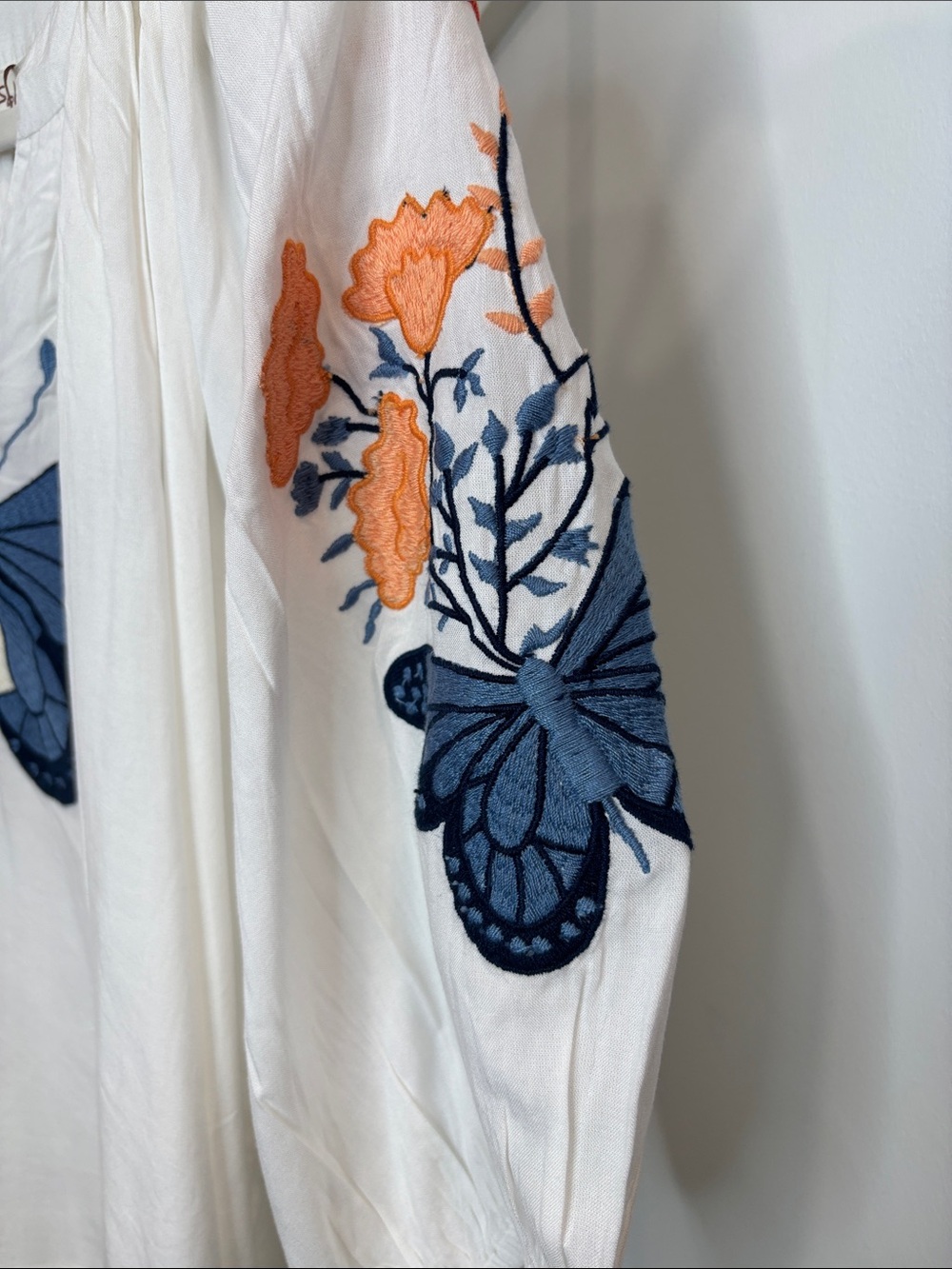 Solitaire White Peasant Blouse with Blue Butterfly Embroidery - Picture 4 of 7